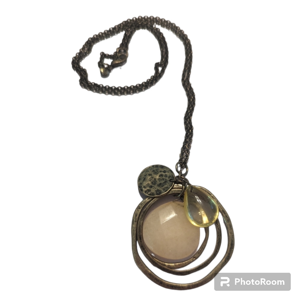 Vintage Antiqued Brass Circles And Cream Yellow Stones Long Necklace